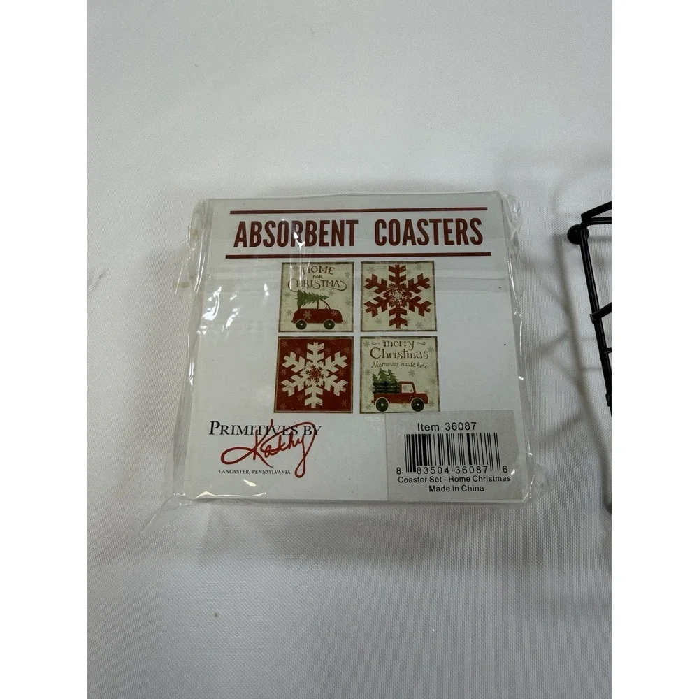 Primitives by Kathy Home for Christmas Absorbent 4pc Square Coasters w/ Holder